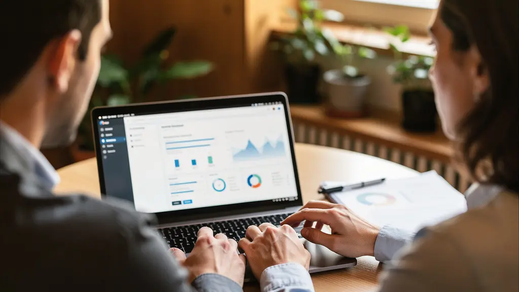 Consultant et client travaillant ensemble sur des données analytics en réunion