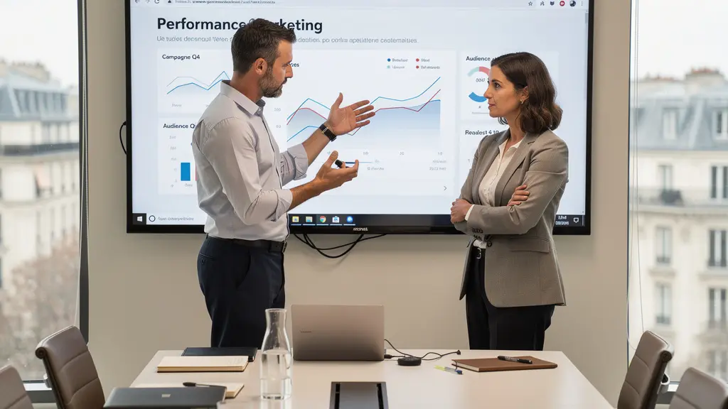 Deux professionnels marketing discutant devant un tableau de bord de données dans une salle de réunion